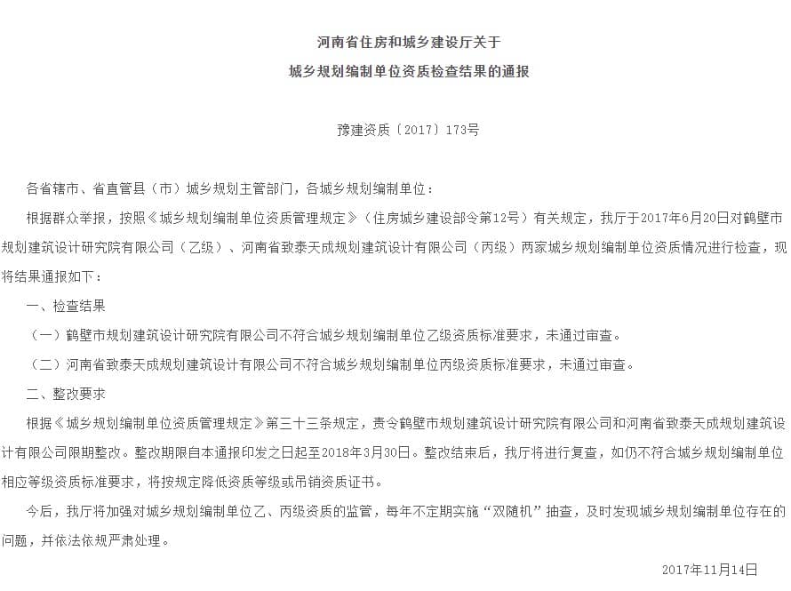 关于城乡规划编制单位资质检查结果的通报